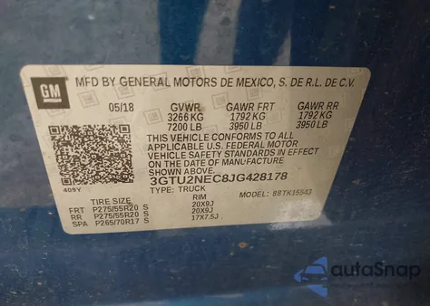 2018 GMC Sierra 1500 Slt z USA, uszkodzony, nr VIN 3GTU2NEC8JG428178